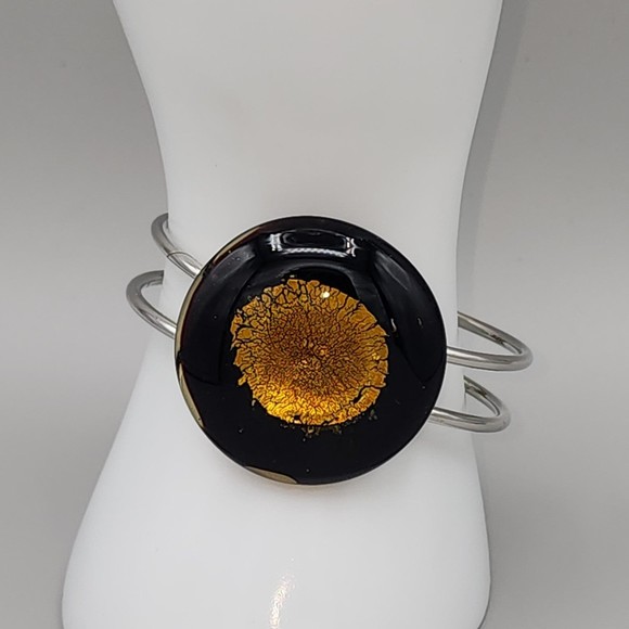 Murano Inspired Bracelet Art Glass Black & Gold Foil Statement Clamper 8 1/2" - Picture 4 of 7
